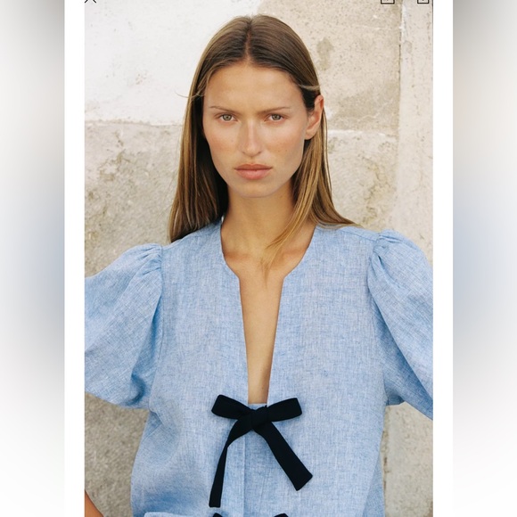 Zara Denim Navy Blue Bow Linen Blouse - NWT - Picture 2 of 8
